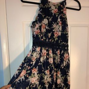 Navy blue floral, scalloped dress.